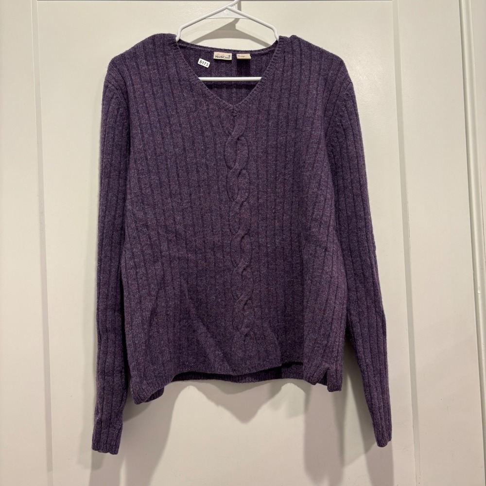 NorthCrest Womens Purple Lambswool Blend V-Neck Ribbed Cable Knit Sweater Large